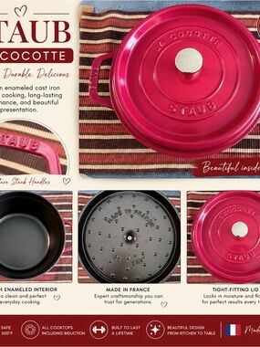 Staub Pink Red Enameled Cast Iron Cocotte with Silver Knob